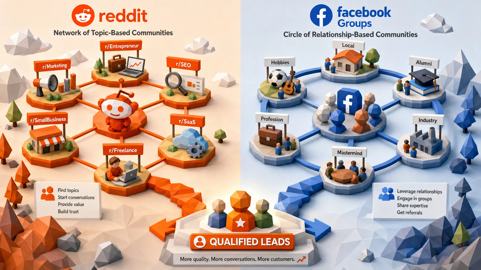 A split illustration showing Reddit as a network of topic-based communities and Facebook Groups as a circle of relationship-based communities, with both paths leading toward qualified leads.