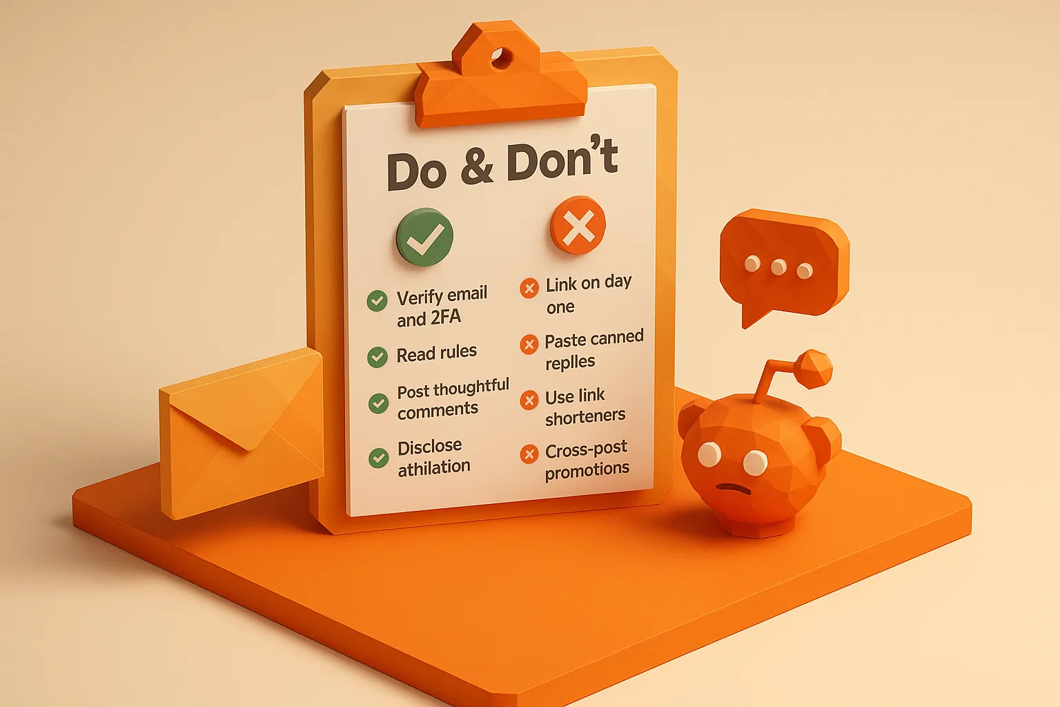 A clean do and don’t checklist for new Reddit accounts. Do: verify email and 2FA, read rules, post thoughtful comments, disclose affiliation. Don’t: link on day one, paste canned replies, use link shorteners, cross post promotions, DM cold prospects.